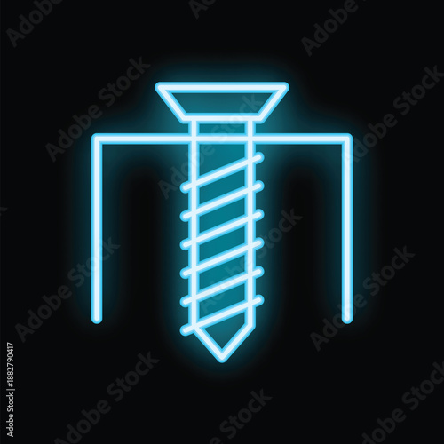Blue neon icon of a screw, representing the concept of fastening and construction
