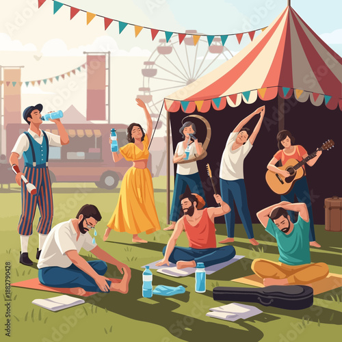 Outdoor festival yoga class with live music and food trucks