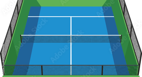 Tennis court with blue surface and green surroundings.