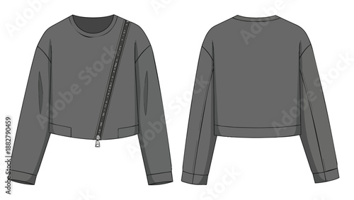 Contemporary fashion flat sketch showcasing a chic dark grey women's cropped long-sleeve sweatshirt with an edgy asymmetric diagonal front zipper
