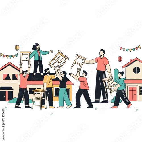 People carrying furniture, moving house, teamwork concept