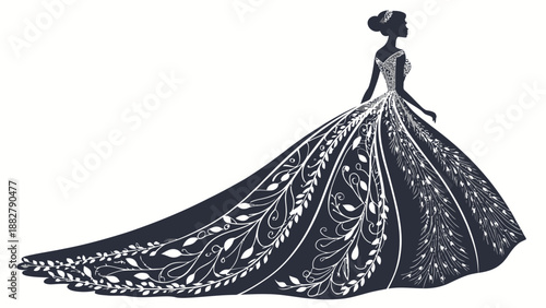 Elegant black and white bridal silhouette in a luxurious floral ball gown with train isolated on white background for wedding design