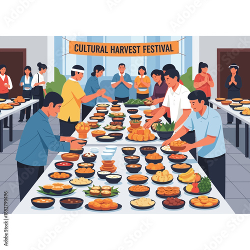 People enjoying food at cultural harvest festival buffet