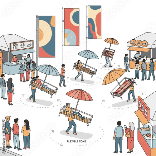 People enjoying open-air market with social distancing measures