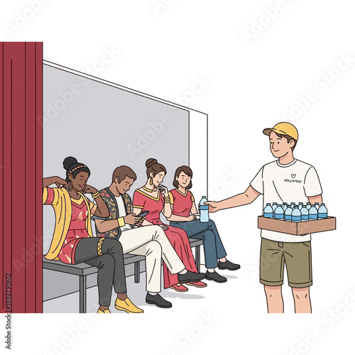 Volunteer offering water bottles to people waiting