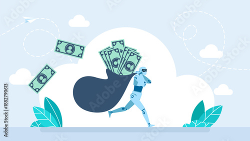 Robot robber. Robot thief in mask run away with money bag. Stealing finance crime concept. Artificial intelligence thief stealing briefcase with money. Vector illustration