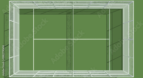 Tennis court top view illustration with green surface and white lines.