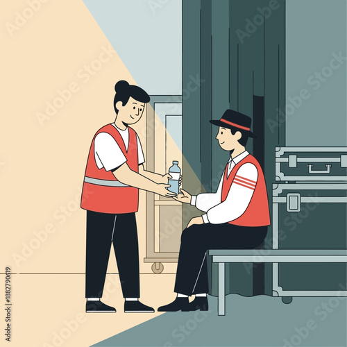 Stagehand offering water to performer backstage