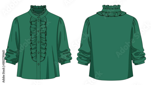 Emerald green blouse illustration with ruffled collar and front placket, puffed sleeves, gathered cuffs. This elegant apparel design flat sketch