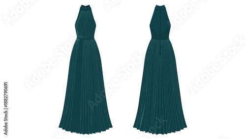A sophisticated teal green full-length pleated maxi dress featuring a chic halter neckline, showcasing a graceful flowing silhouette for elegant