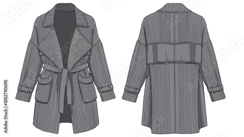 Detailed technical illustration of a fashionable women's grey belted trench coat, showcasing front and back views for apparel design and production
