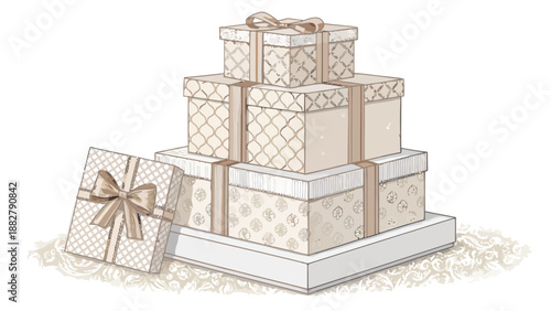Luxury wedding trousseau gifts stack with ribbons and bows on white background elegant bride presents