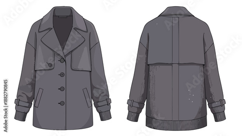 Stylish grey double-breasted jacket illustration displaying front and back views. Features include prominent buttons, practical pockets, classic