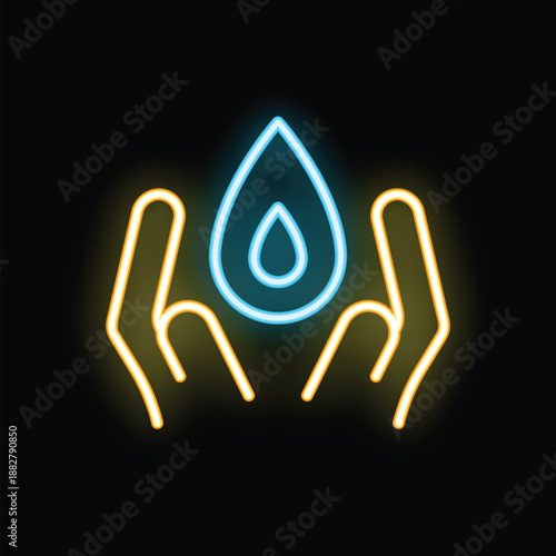 Neon sign representing the concept of water conservation with two hands holding a water drop