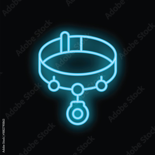 Bright blue neon sign depicting a dog collar with a tag, glowing on a black background