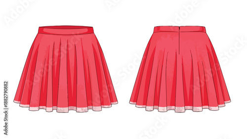 Detailed vector illustration showcasing a vibrant red pleated mini skirt, displaying both its front and rear views, ideal for fashion design,