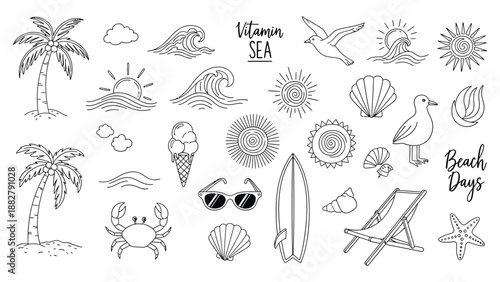 Hand-drawn beach-themed vector illustration set featuring fun summer doodles like ocean waves, palm trees, seashells, crabs, sunglasses, surfboards, and more. Perfect for vacation designs