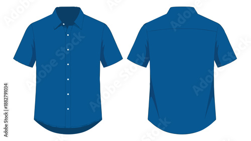 Blank classic blue short sleeve button up collared shirt vector illustration showing front and back views perfect for uniform or casual apparel