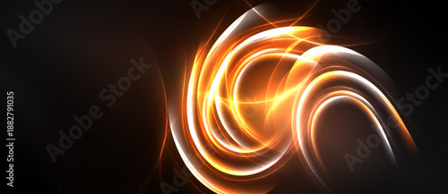 Bright orange swirls dominate dark background. Abstract light patterns create dynamic energy, flowing curves suggest movement.