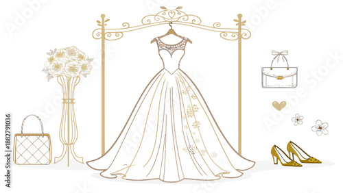 Elegant wedding trousseau with dress accessories and flowers on white background