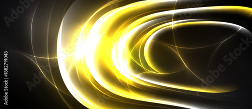 Abstract golden lines swirl, creating dynamic energy. Brightness contrasts against dark background. Smooth curves suggest movement, light.