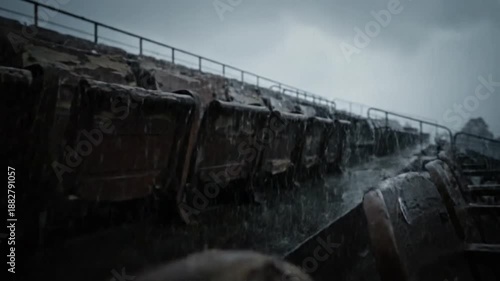 Rain-Soaked Rustic Stadium Seats in Melancholic Cinematic Mood