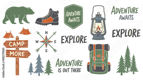 Adventure-themed vector set featuring camping elements like tents, trees, backpacks, lanterns, compasses, bears, and typography. Perfect for outdoor, hiking, and travel design projects