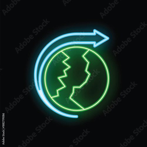 Neon sign illuminating a cracked earth, encircled by a rotating arrow, symbolizing global challenges and the need for action