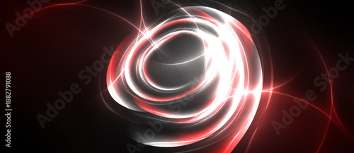 Abstract swirling lights, red, white. Dynamic energy radiates from central point, dark background enhances luminosity. Modern design element.