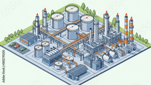 Industrial Oil Refinery Complex with Storage Tanks and Towers.