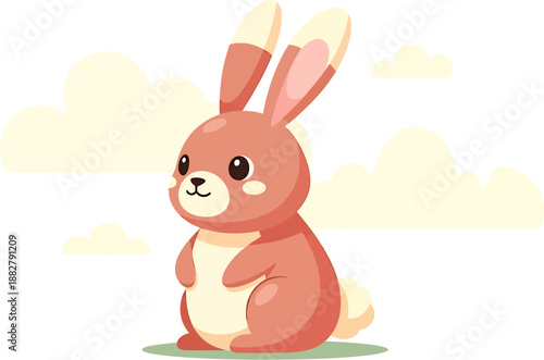 Charming stylized pink and brown rabbit character standing serenely on a grassy patch under a soft sky, an adorable illustration evoking a sense of gentle playfulness