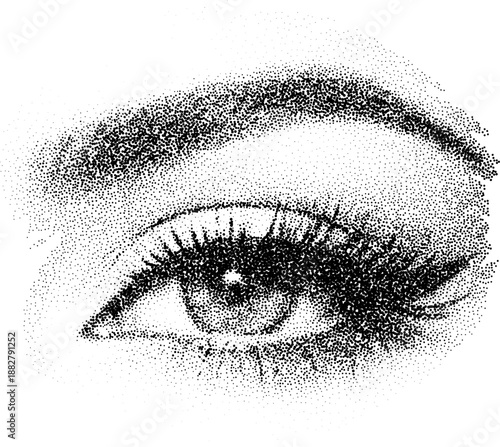 Black and white halftone dots style illustration of a womans eye. Retro comic pop art newspaper photo style with dotted texture isolated on white background