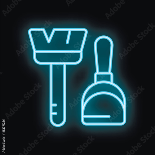 Glowing blue neon icon of cleaning supplies, featuring a brush and dustpan on a black background