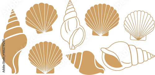 Elegant vector collection of diverse seashells, featuring golden-brown solid and outline illustrations, perfect for enhancing beach, ocean, and nature-themed graphic projects