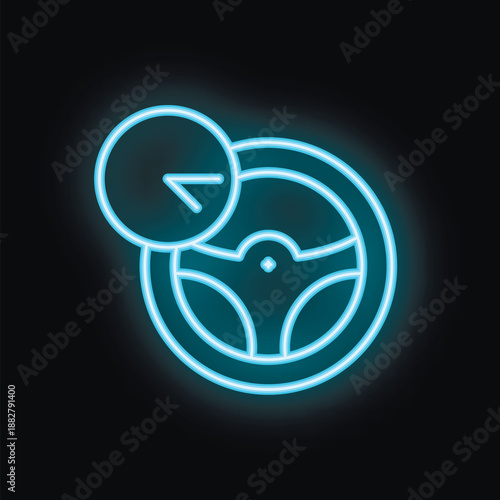 Neon blue icon of a steering wheel and a clock, suggesting driving time, on a black background