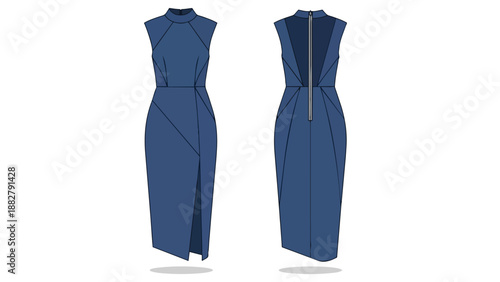 Detailed blue sleeveless dress technical flat sketch with a sophisticated high neckline, stylish side slit, and an exposed back zipper closure