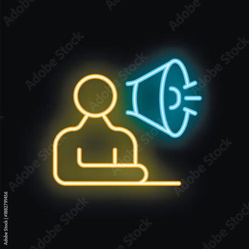 Neon icon representing a person receiving information from a loudspeaker, symbolizing concepts like announcement, communication, and marketing