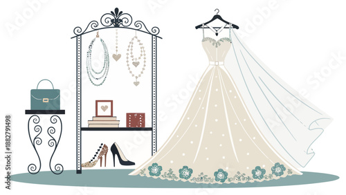 Wedding dress and bridal trousseau accessories on elegant stand with jewelry and shoes vector illustration for wedding planning