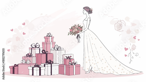 Bride in elegant white wedding dress with bouquet stands beside a colorful pile of wrapped gifts at a bridal shower celebration
