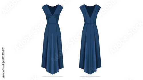 Elegant indigo evening gown design with graceful silhouette and flattering V-neckline flat vector illustration