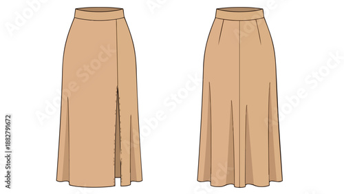 Elegant midi skirt technical flat drawing with front slit and pleated back for fashion design development