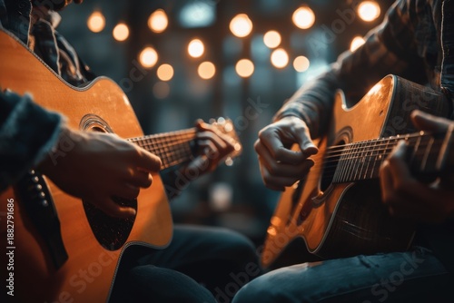 Two people playing acoustic guitar duet with warm bokeh lights in background creating cozy and intimate atmosphere during music session