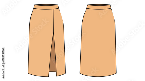 Fashion flat drawing of a beige pencil skirt with front slit design