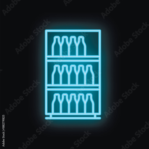 Blue glowing neon icon of a refrigerator displaying rows of glass bottles on black background