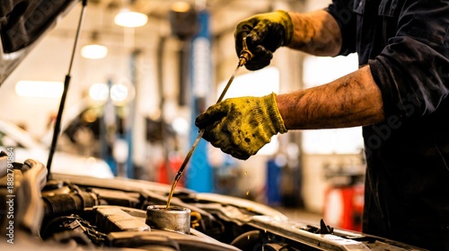 Mechanic checks engine oil level using dipstick during car maintenance service