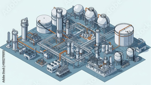 Industrial Chemical Plant Complex with Tanks and Pipes.