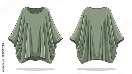 Modern loose-fit green tunic illustration with relaxed silhouette and wide draped sleeves, front and back views for versatile casual fashion design