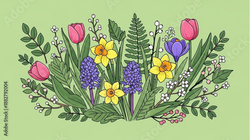 Spring Flowers Arrangement Botanical Illustration.