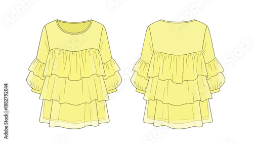Yellow tiered ruffle blouse fashion flat sketch, front and back views shown