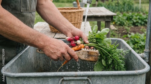 Wallpaper Mural Washing freshly picked vegetables in a garden Torontodigital.ca